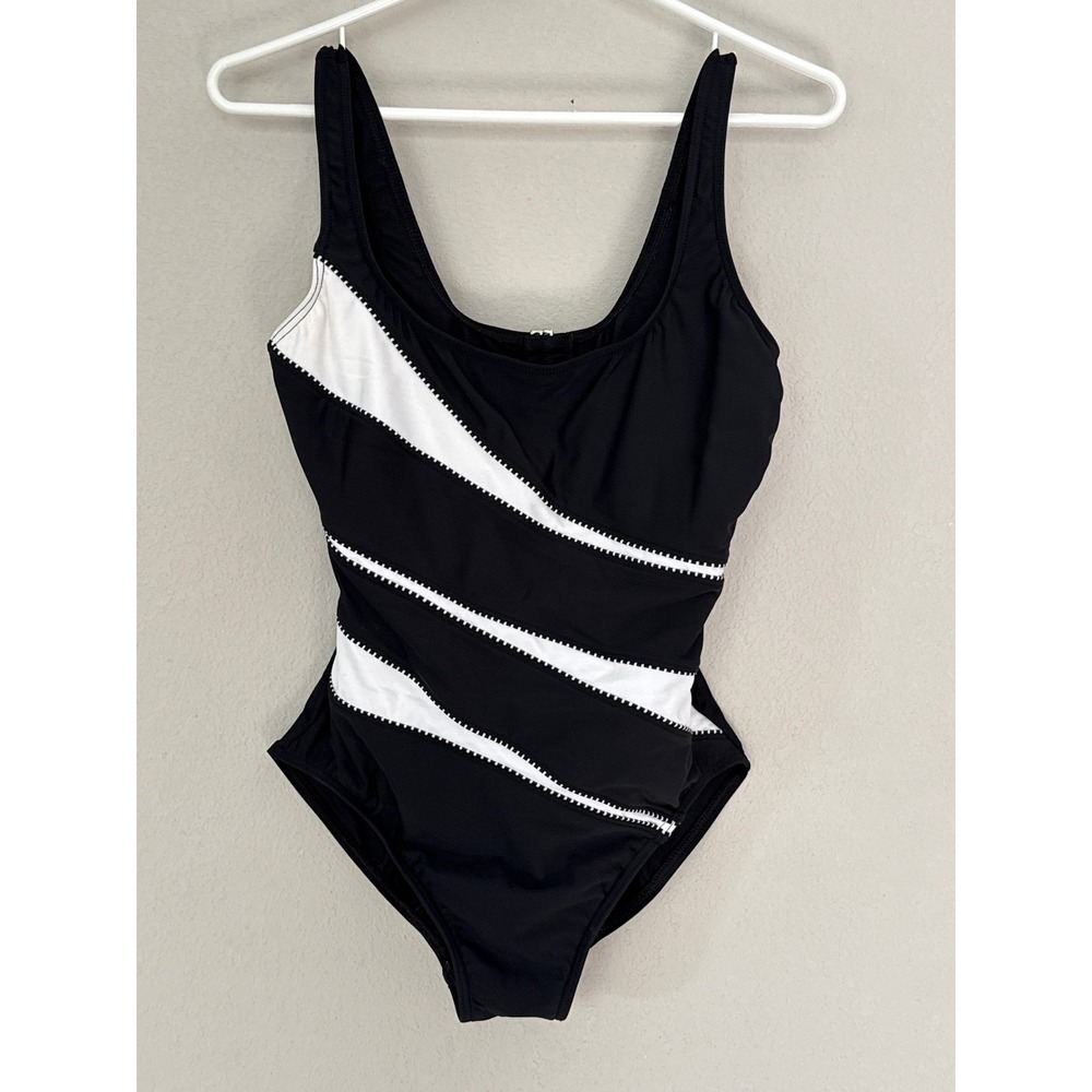 Miraclesuit One Piece Helix Swimsuit Womens 10 Black White Shaping Tummy Control